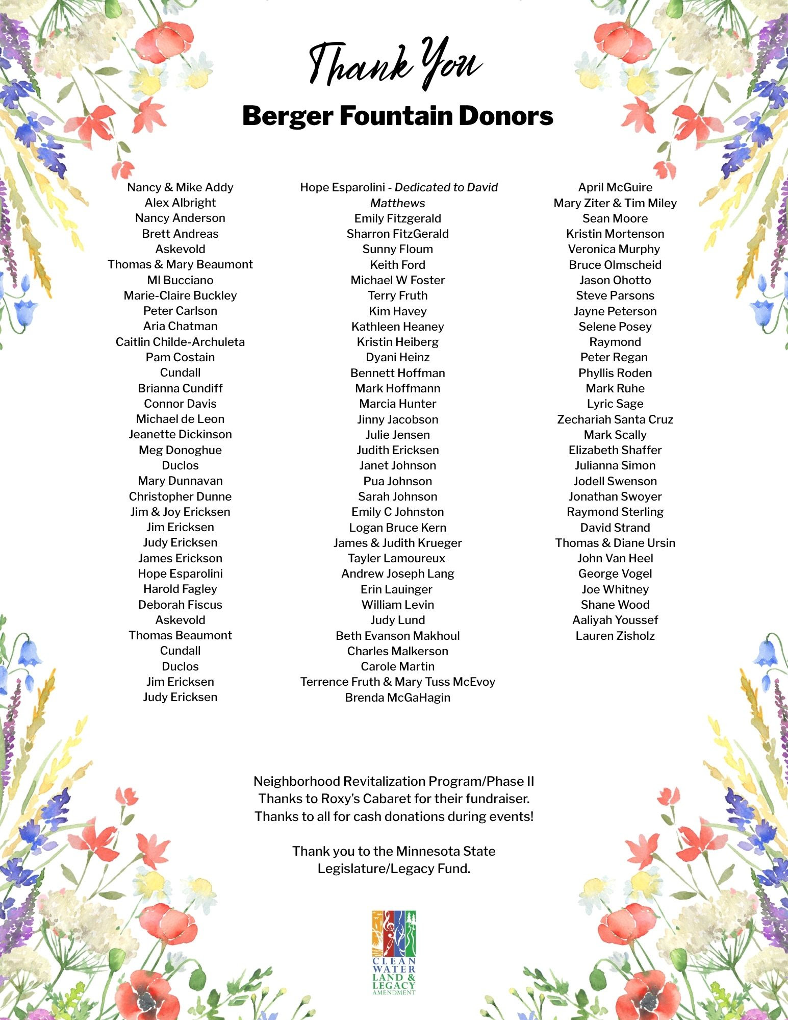 Berger Donors July 2026 Update